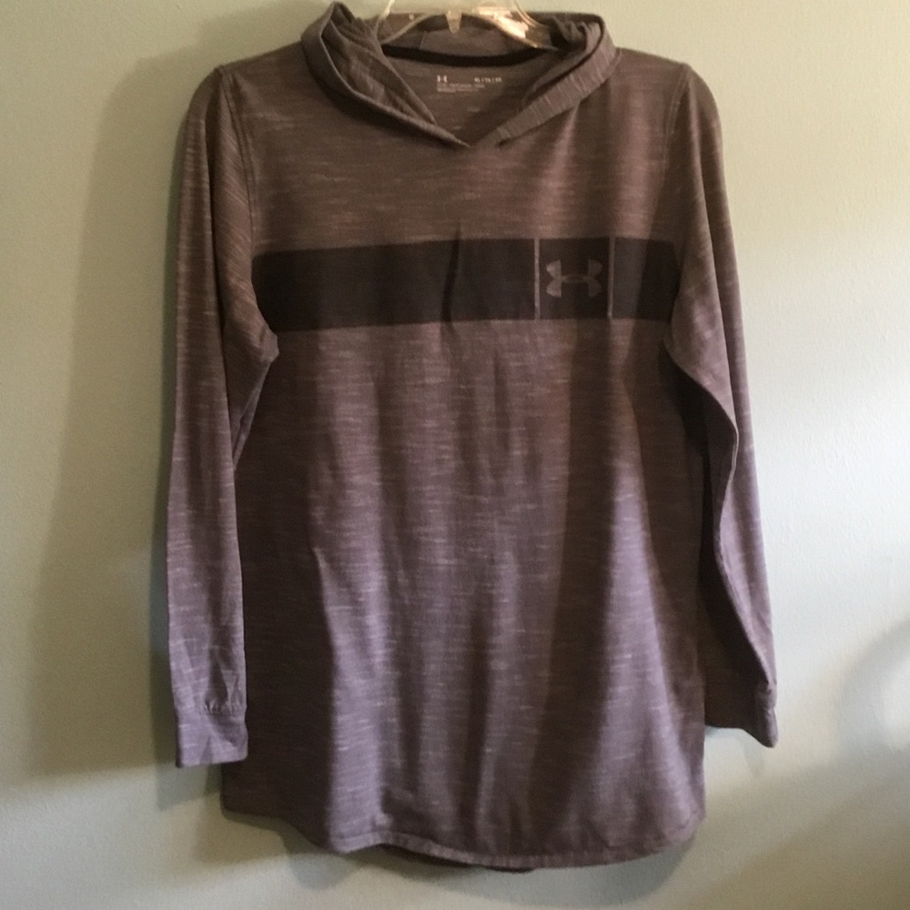 Under Armour Heathered Gray Hooded Long Sleeve Tee with Black Logo Chest Stripe